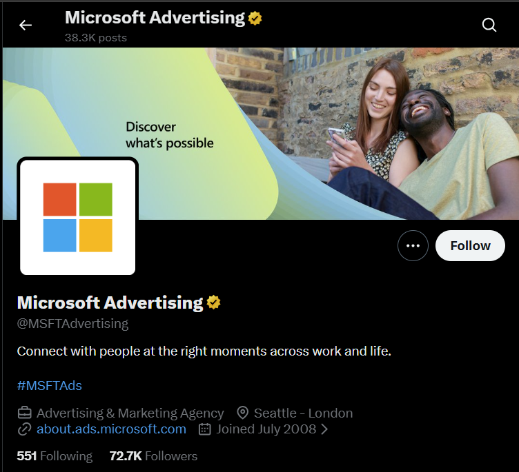 Profil vérifié de Microsoft Advertising sous le compte MSFTAdvertising.